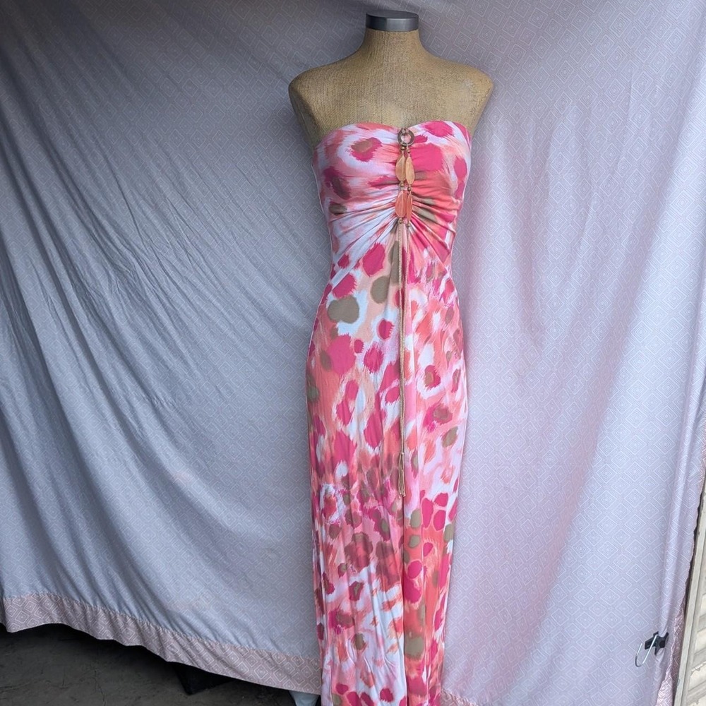 Tommy Bahama Maxi Dress Womens Pink Excellent Abstract Floral Braided Strapless